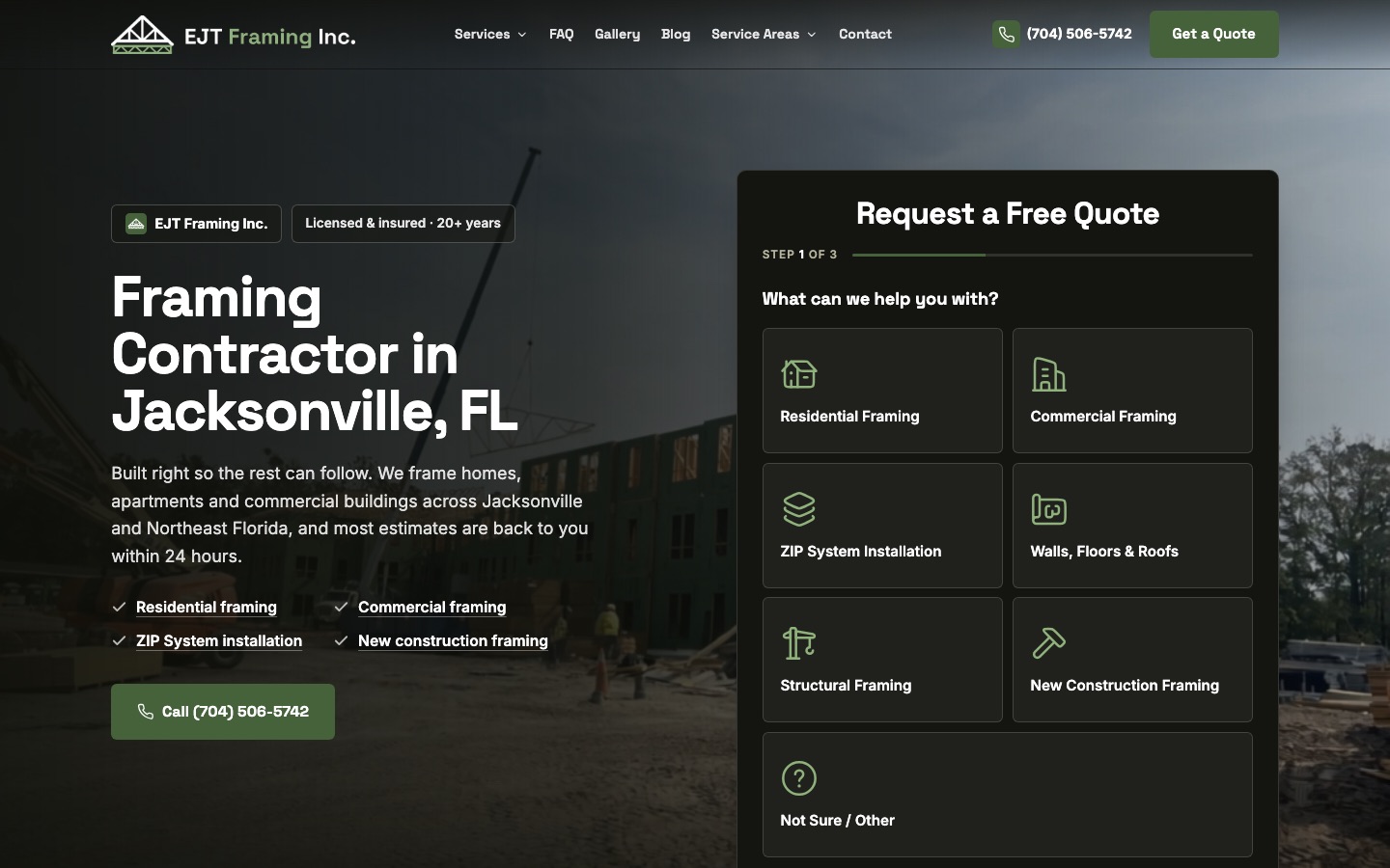 Homepage of EJT Framing's website: Framing Contractor in Jacksonville, FL, with a free quote form