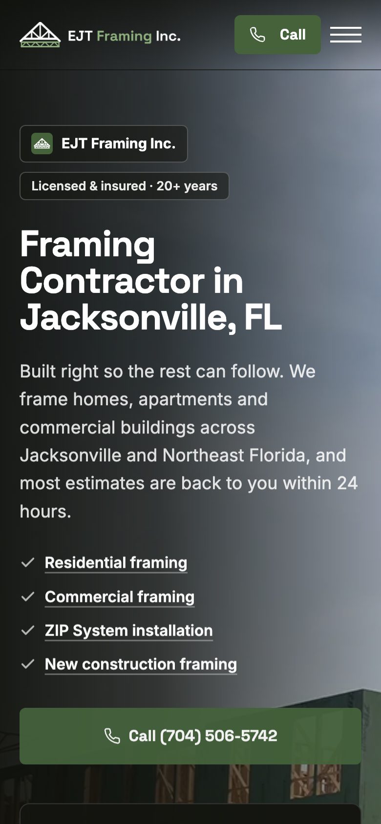The same EJT Framing site on a phone
